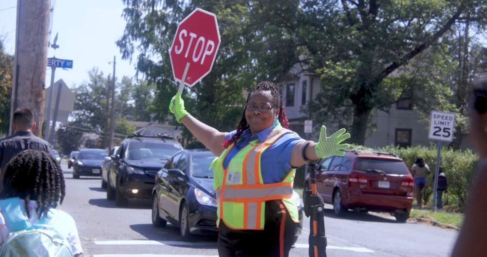 Patrice Jetter working as a crossing guard. (Courtesy of Ted Passon/All Ages Productions)