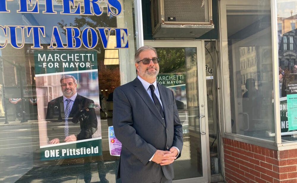 Peter Marchetti stands in front of his campaign headquarters on North Street in Pittsfield, MA. (Nancy Eve Cohen/NEPM)
