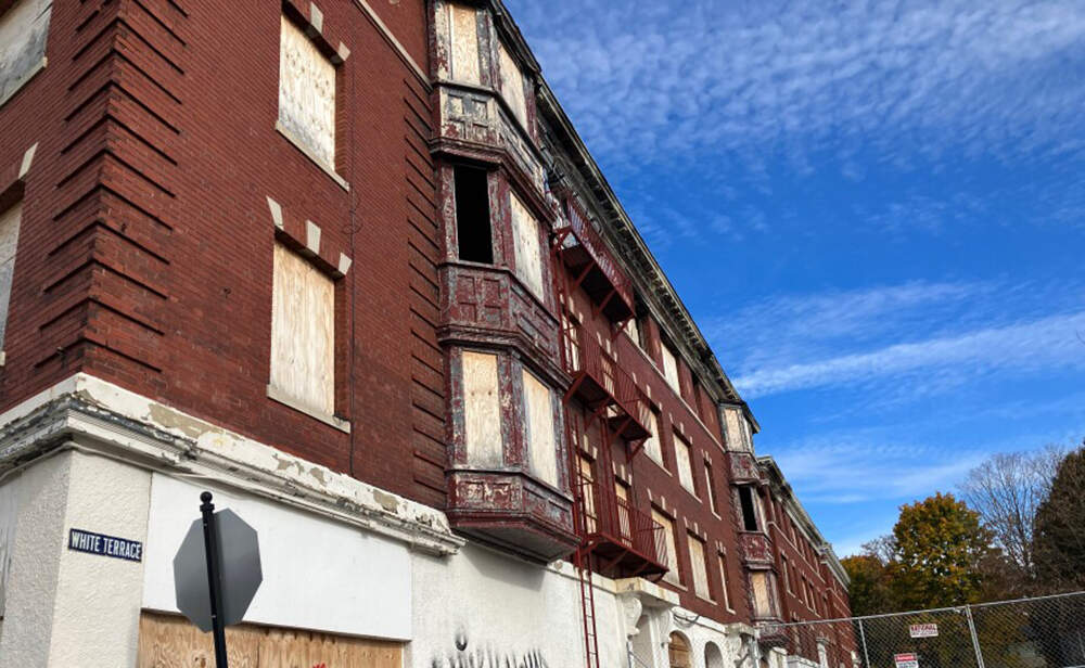 The White Terrace apartment buildings in Pittsfield, MA are slated to be redeveloped with 41 affordable units. Mayoral candidate Peter Marchetti said, if elected, he'll make sure the developer gets what's needed to complete the project. (Nancy Eve Cohen/NEPM)