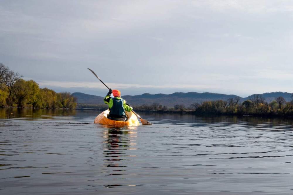 David Rothstein paddling toward the Holyoke Range. His trip in a pumpkin is an attempt to bring attention to the importance of the Connecticut River Watershed. (Ben James/NEPM)