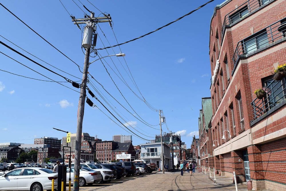 Power lines owned by Central Maine Power company on a dock in Portland, Maine.