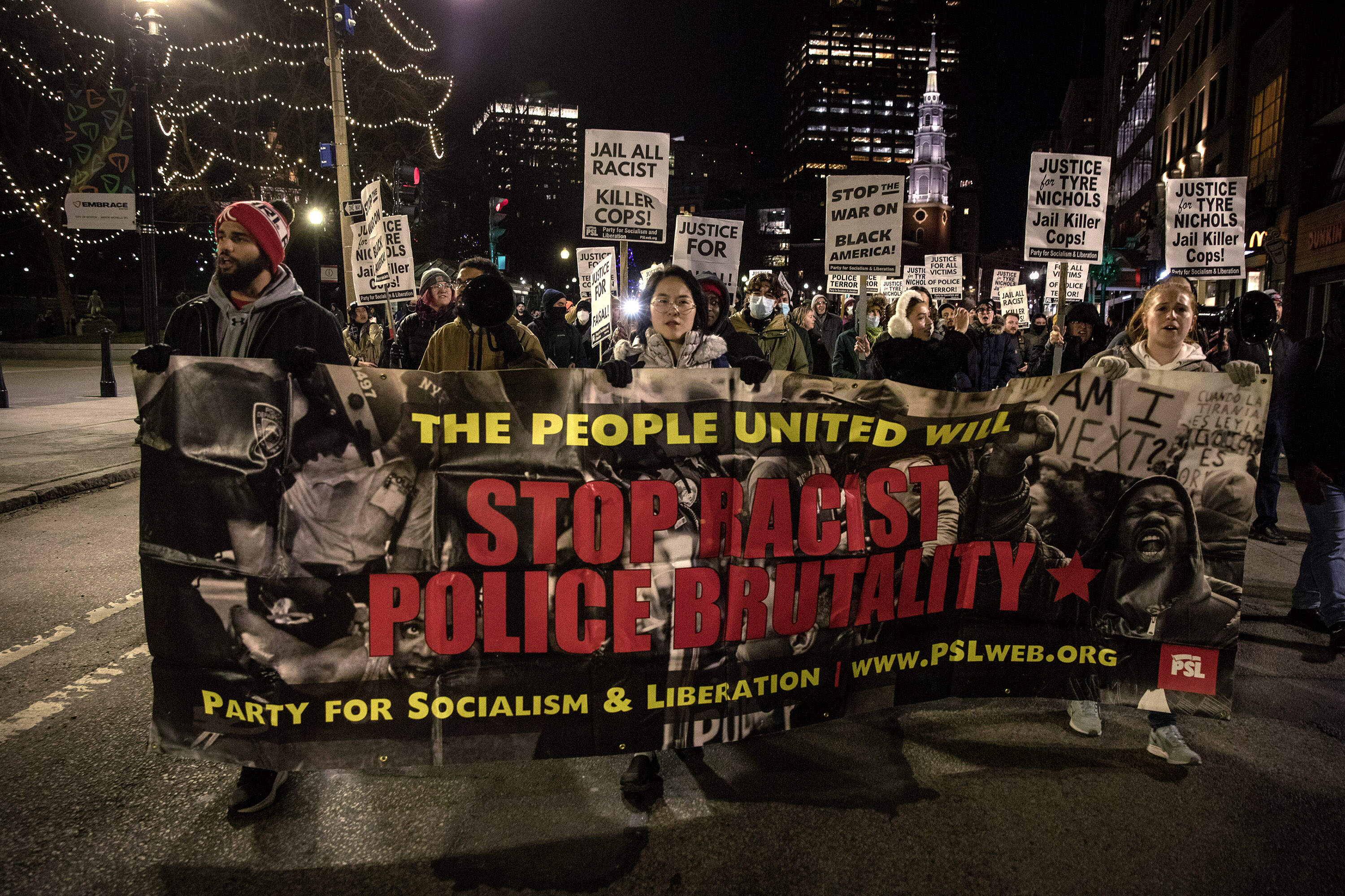 Protesters march down Tremont Street in Boston demanding police accountability following the release of video of the fatal beating of Tyre Nichols in Memphis. (Robin Lubbock/WBUR)