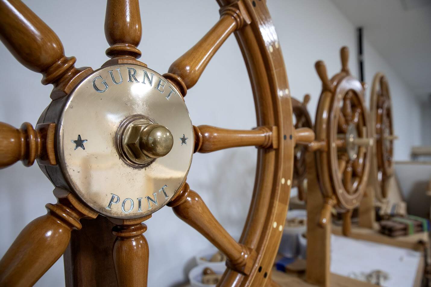 Bob Fuller's Gurnet Point boat wheel, named after the spit of land protecting Duxbury Bay. (Robin Lubbock/WBUR)