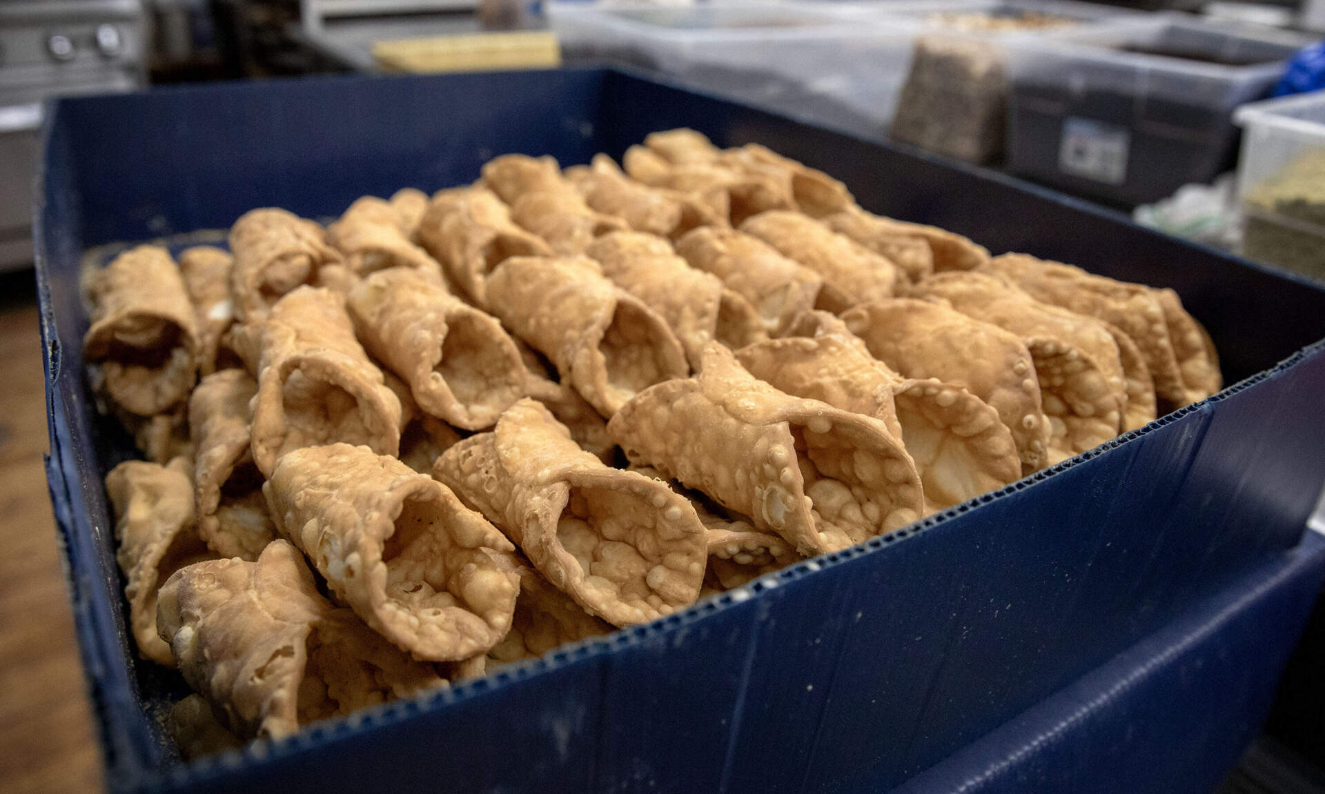 Cannoli shells baked and waiting to be filled at Mike's Pastry. (Robin Lubbock/WBUR)