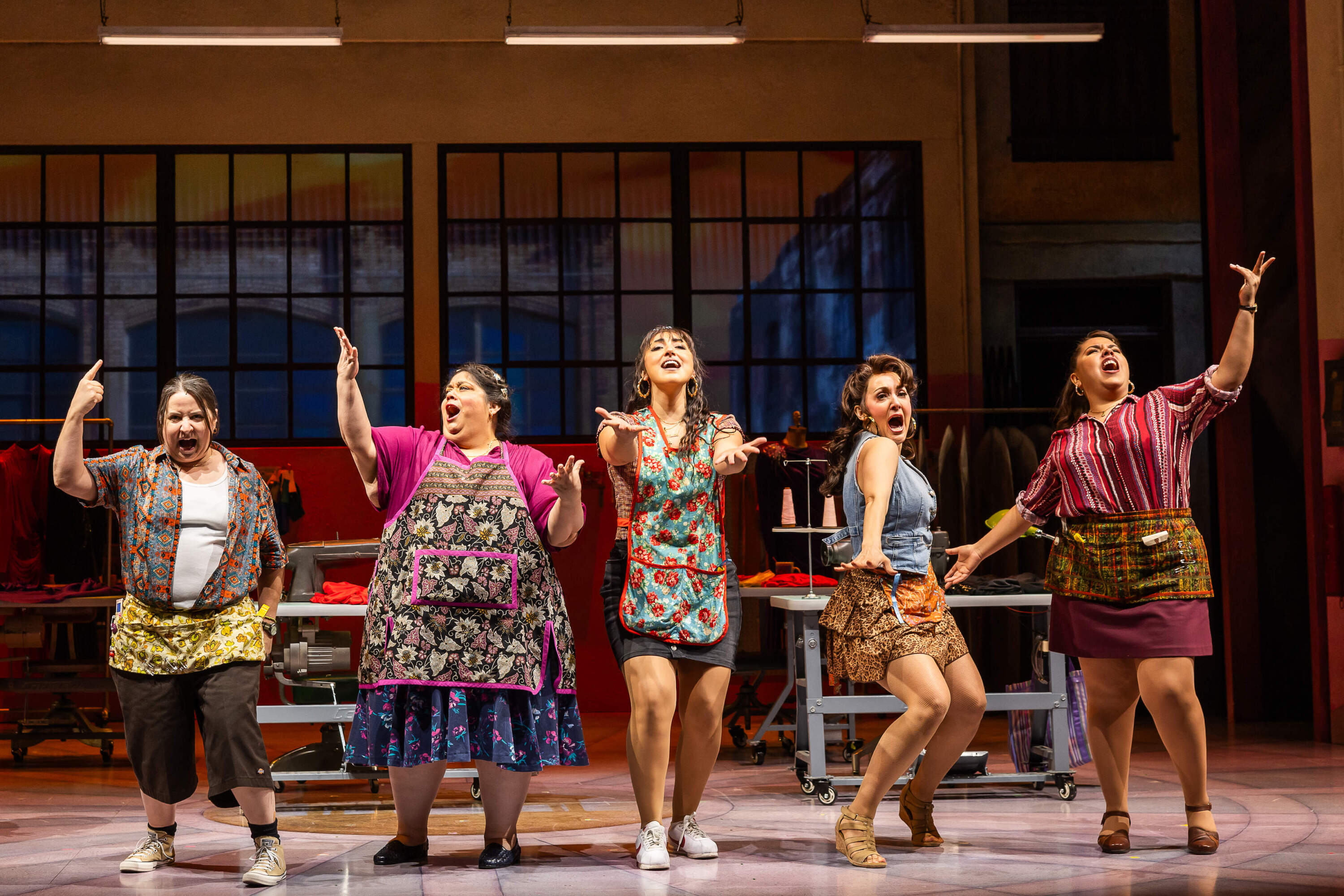 Sandra Valls, Carla Jimenez, Shelby Acosta, Jennifer Sánchez and Florencia Cuenca in the A.R.T. world premiere of "Real Women Have Curves: The Musical." (Courtesy Nile Hawver/Maggie Hall)