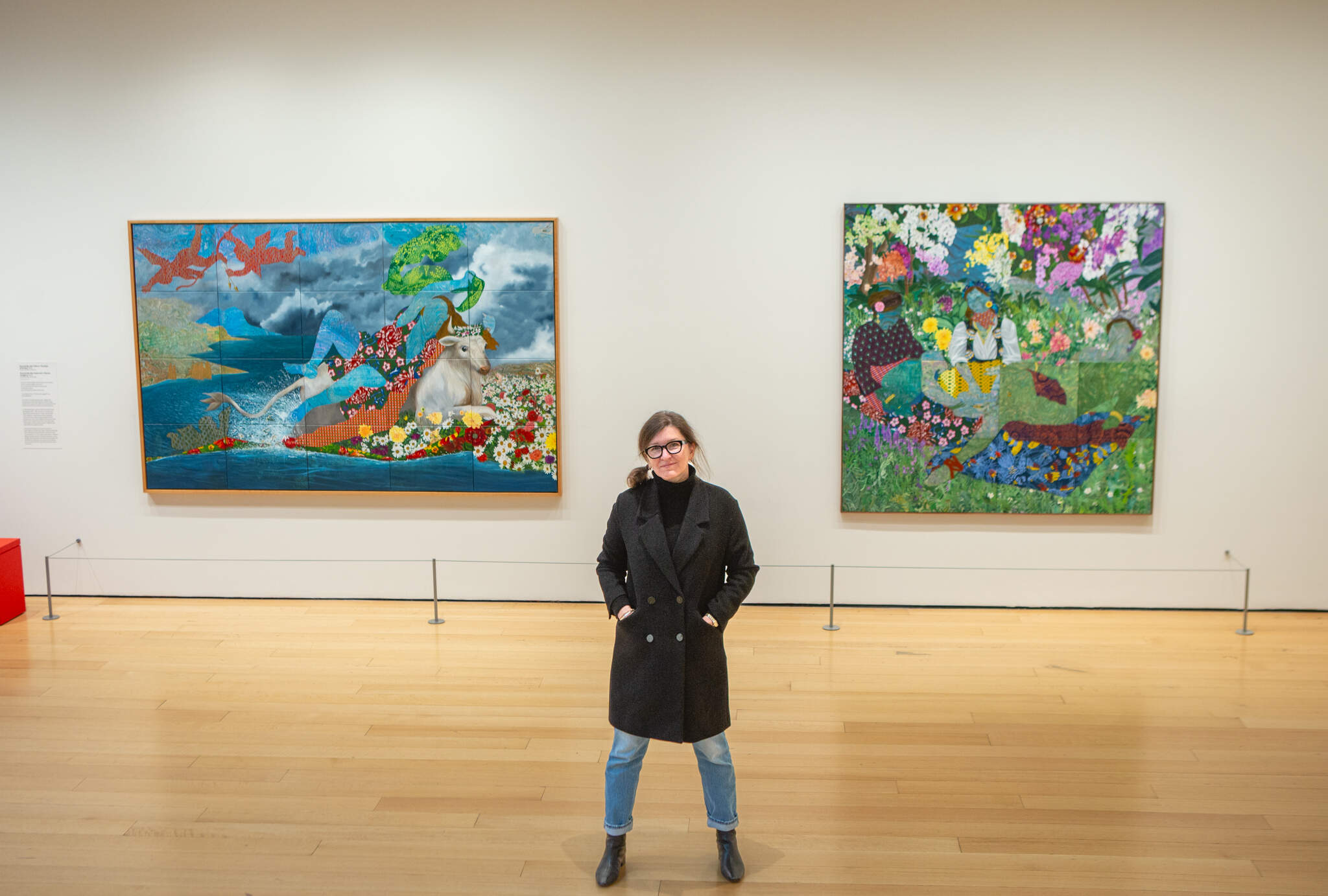 Artist Dinora Justice stands in the MFA's contemporary wing where her exhibit "Lay of the Land" is on display.