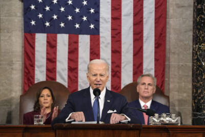 President Joe Biden delivers the State of the Union address to a joint session of Congress at the U.S. Capitol, Tuesday, Feb. 7, as Vice President Kamala Harris and House Speaker Kevin McCarthy of Calif., watch. (Jacquelyn Martin/AP)