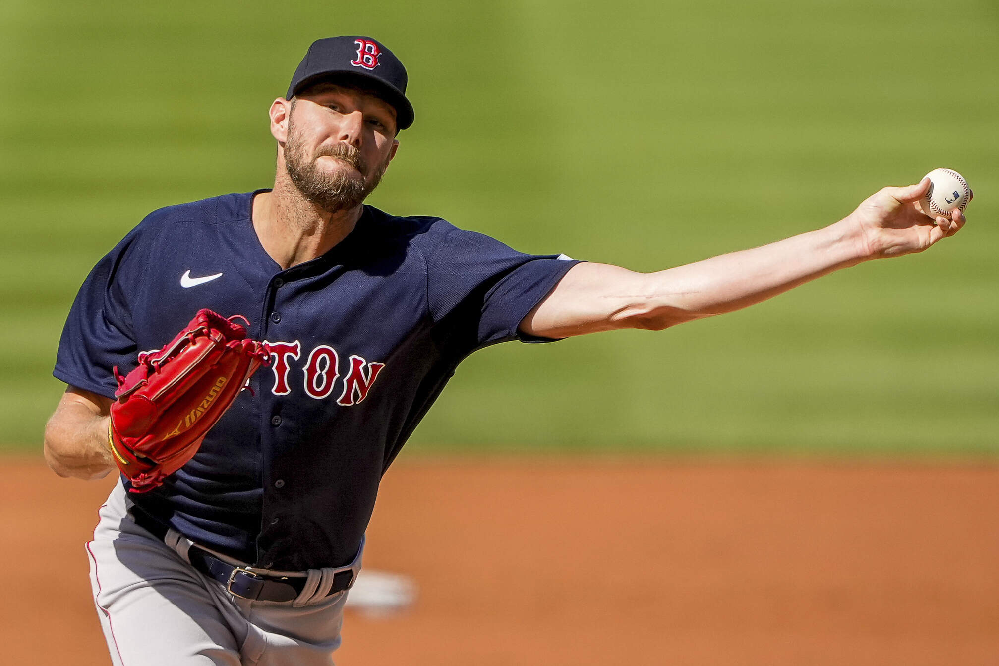 Boston Red Sox starting pitcher Chris Sale pitches during the first inning of a baseball game against the Washington Nationals at Nationals Park, Thursday, Aug. 17, 2023, in Washington. (Andrew Harnik/AP)