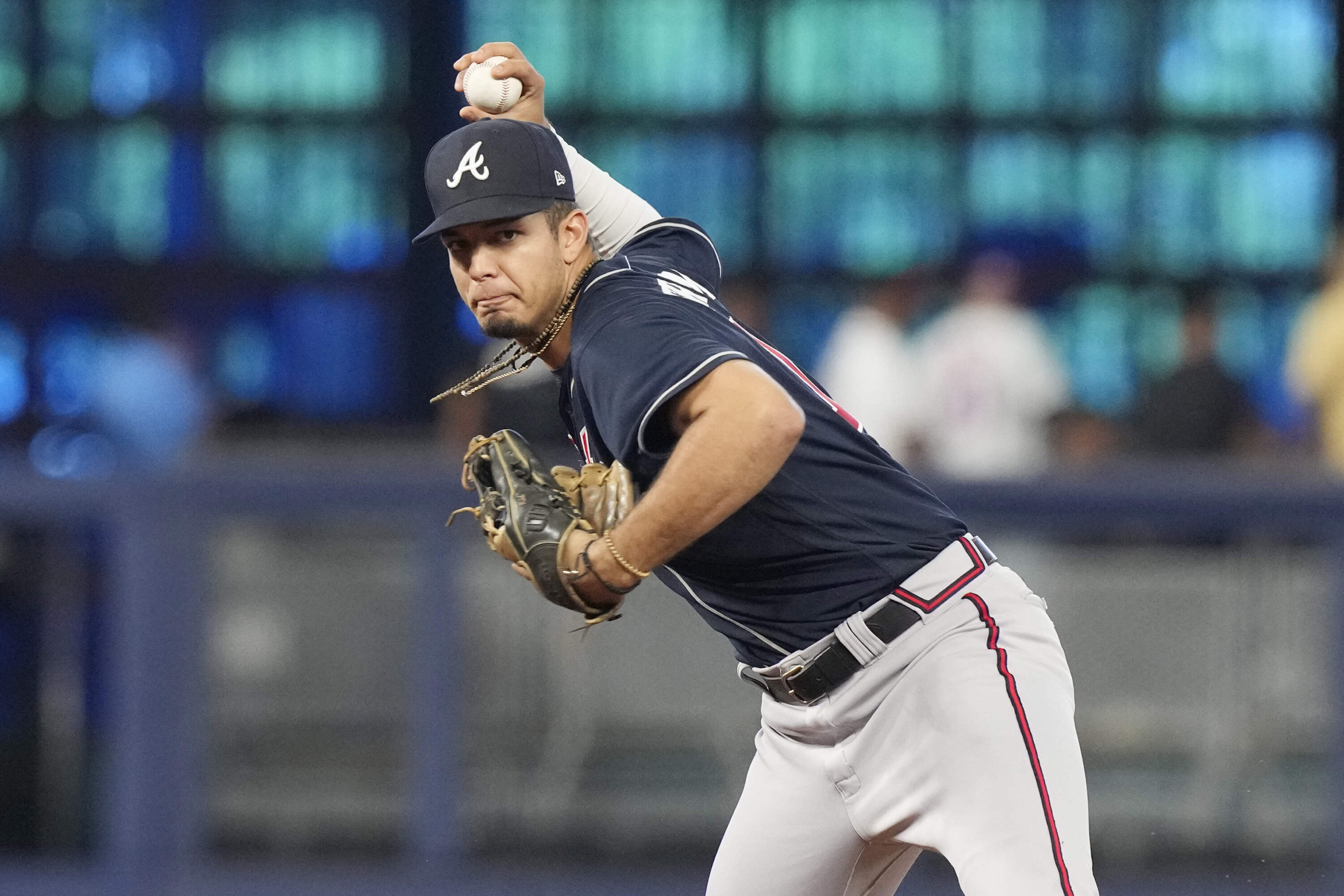 Atlanta Braves shortstop Vaughn Grissom aims to throw to first base during a baseball game against the Miami Marlins, Thursday, May 4, 2023, in Miami. (Marta Lavandier/AP)