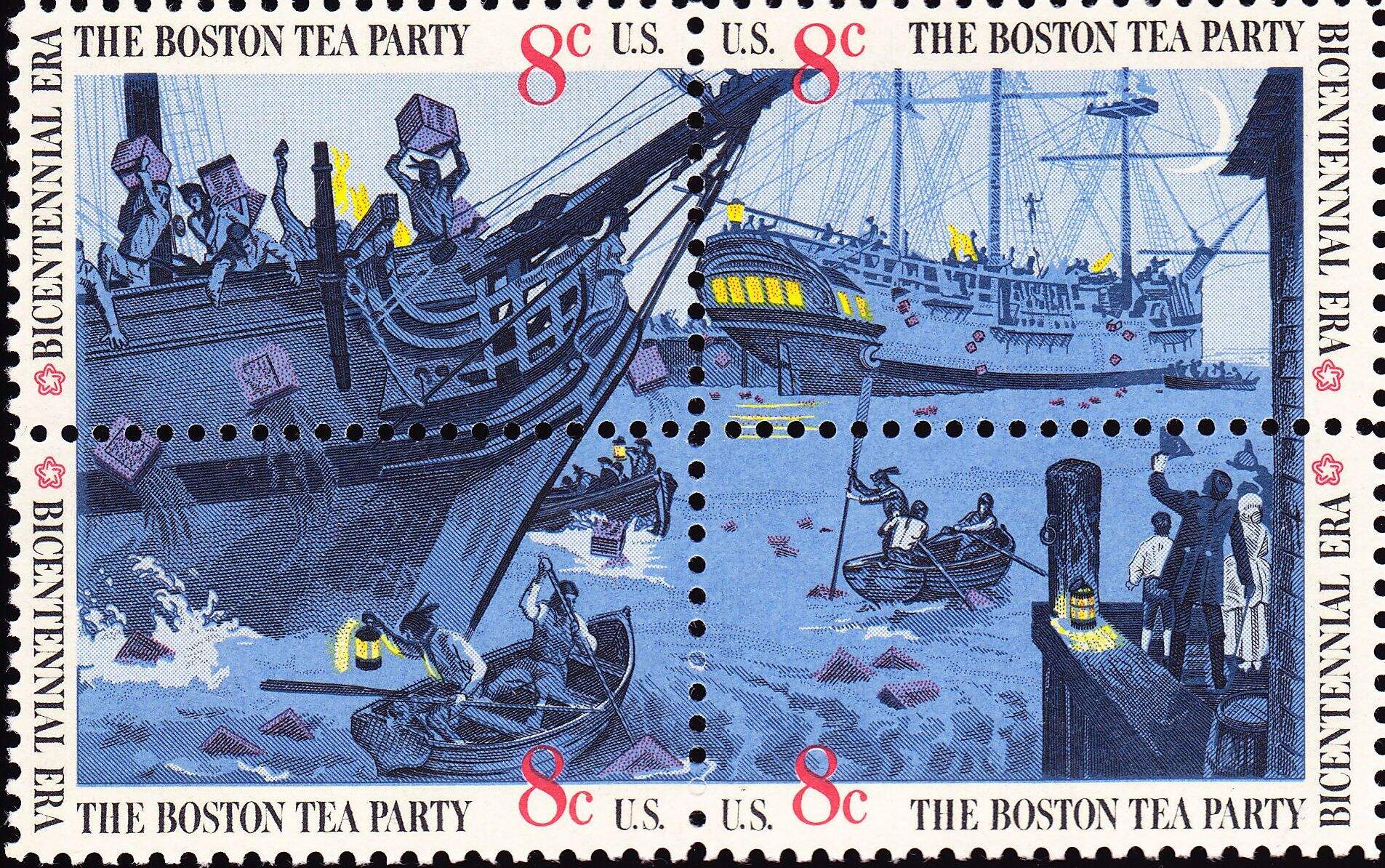 A 1973 stamp celebrating the 200th anniversary of the Boston Tea Party included some historical inaccuracies, like the depth of the water and feathers worn by colonists. (United States Postal Service)