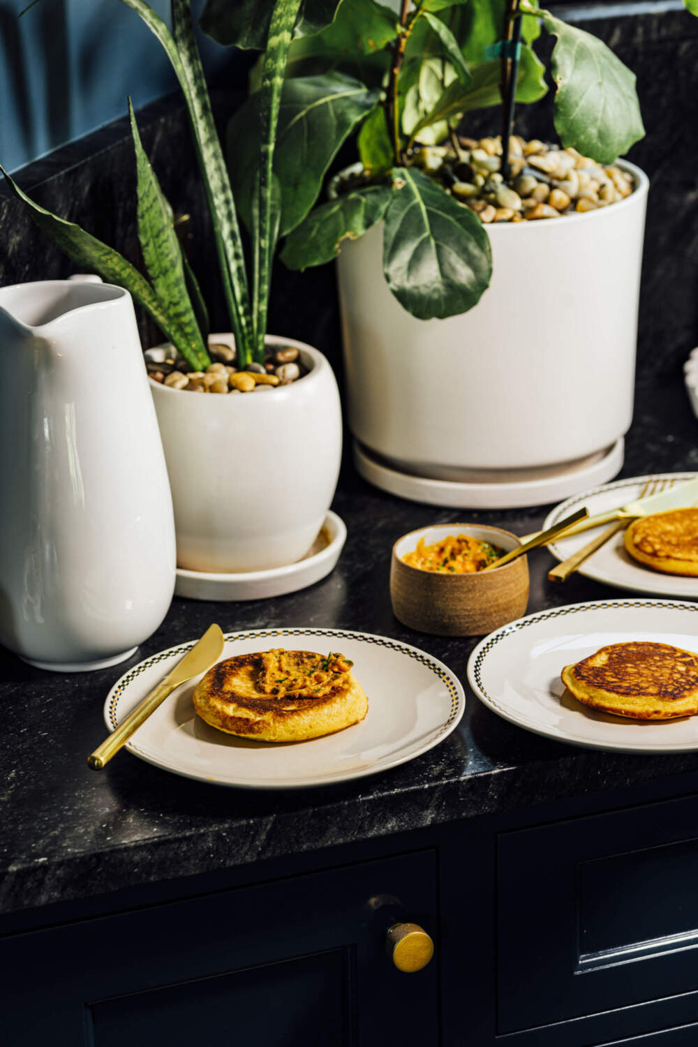 Corn cakes with Sichuan chive butter. (Courtesy of Nik Sharma)