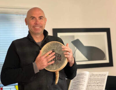 Eric Shimelonis plays the hand drum, a cherished instrument in Native America and First Nations cultures. (courtesy of Rebecca Sheir)