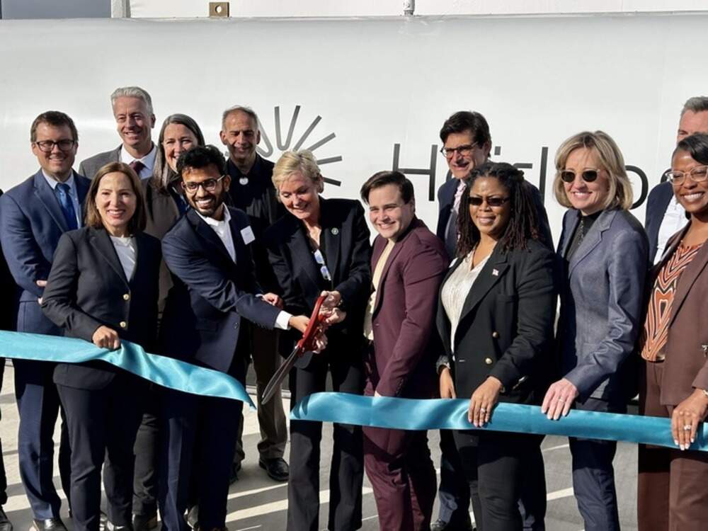 U.S. Energy Secretary Jennifer Granholm was on hand Heirloom executives and local officials to announce the opening of the country’s first commercial-scale direct-air capture facility in Tracy, California. (Peter O'Dowd/Here &amp; Now)