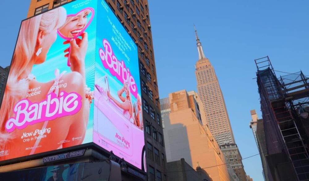 A digital advertisement board displaying a Barbie movie poster is seen in New York City on July 24, 2023.  (Selcuk Acar/Anadolu Agency via Getty Images)