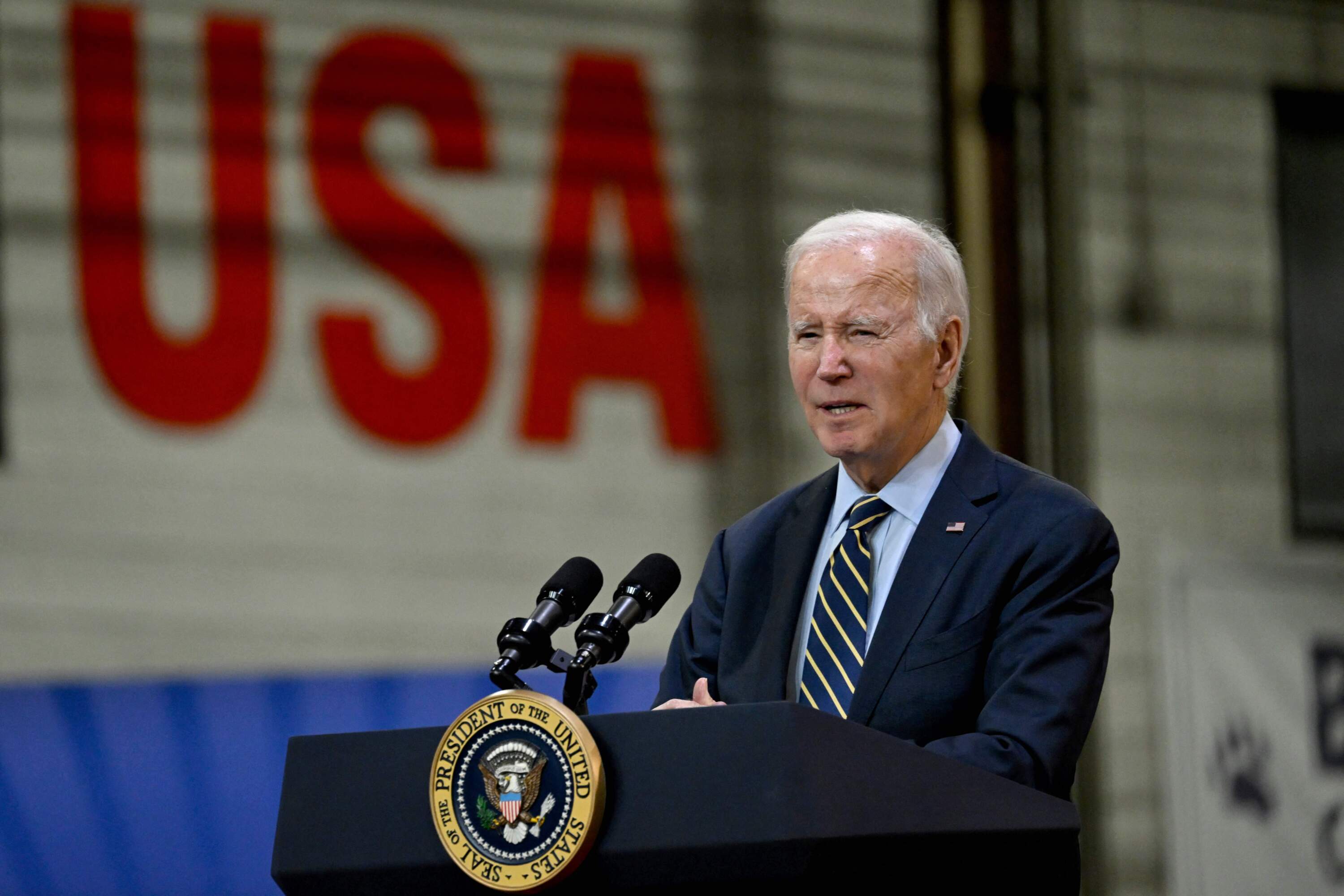 U.S. President Joe Biden delivers remarks on his "Bidenomics" economic agenda and his Investing in America agenda at an Amtrak facility in New Castle County, Delaware, on November 6, 2023.(Photo by ANDREW CABALLERO-REYNOLDS/AFP via Getty Images)