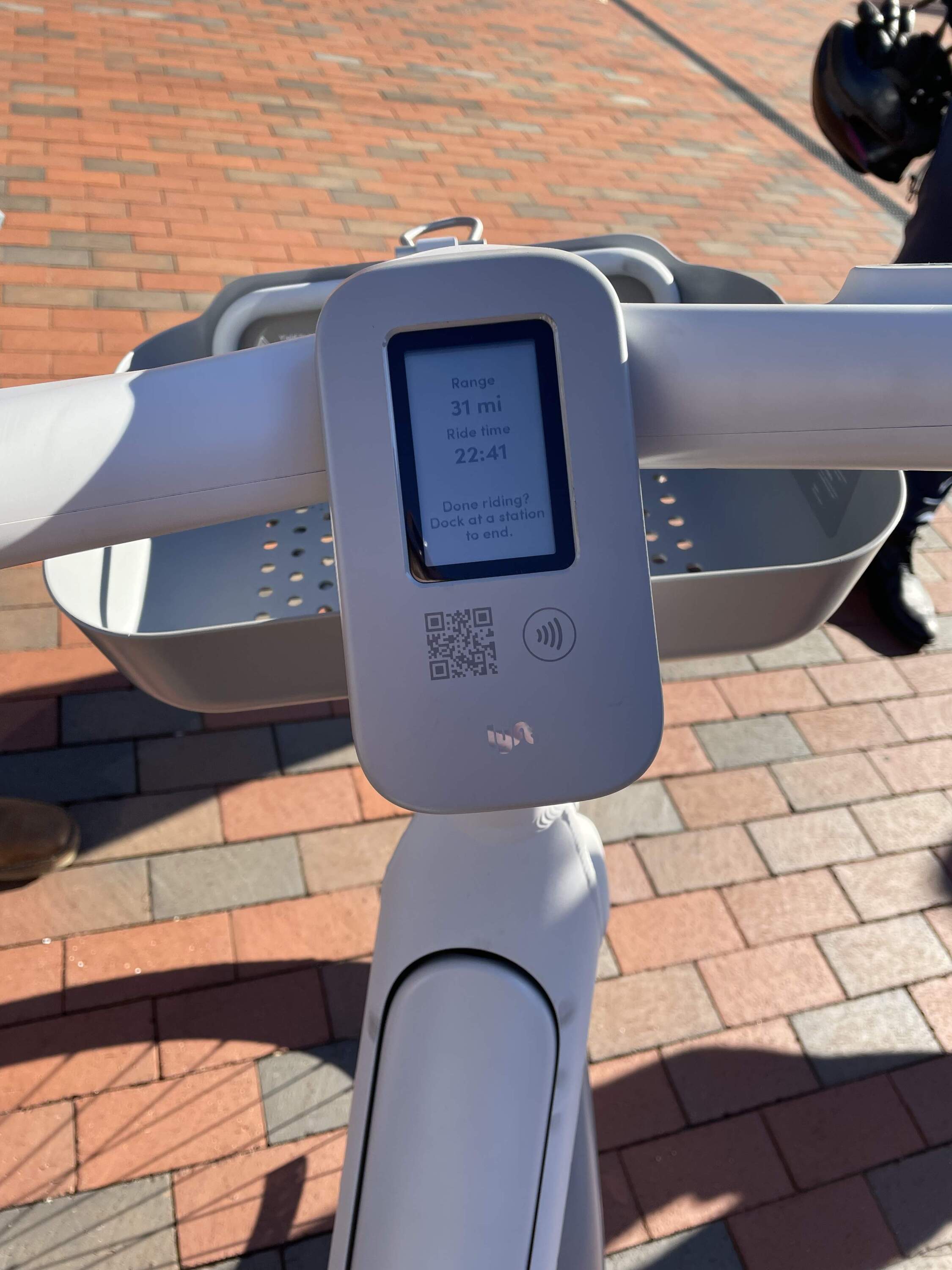 A screen on the e-bikes' handlebars displays the range left on the battery. (Courtesy of Bluebikes)