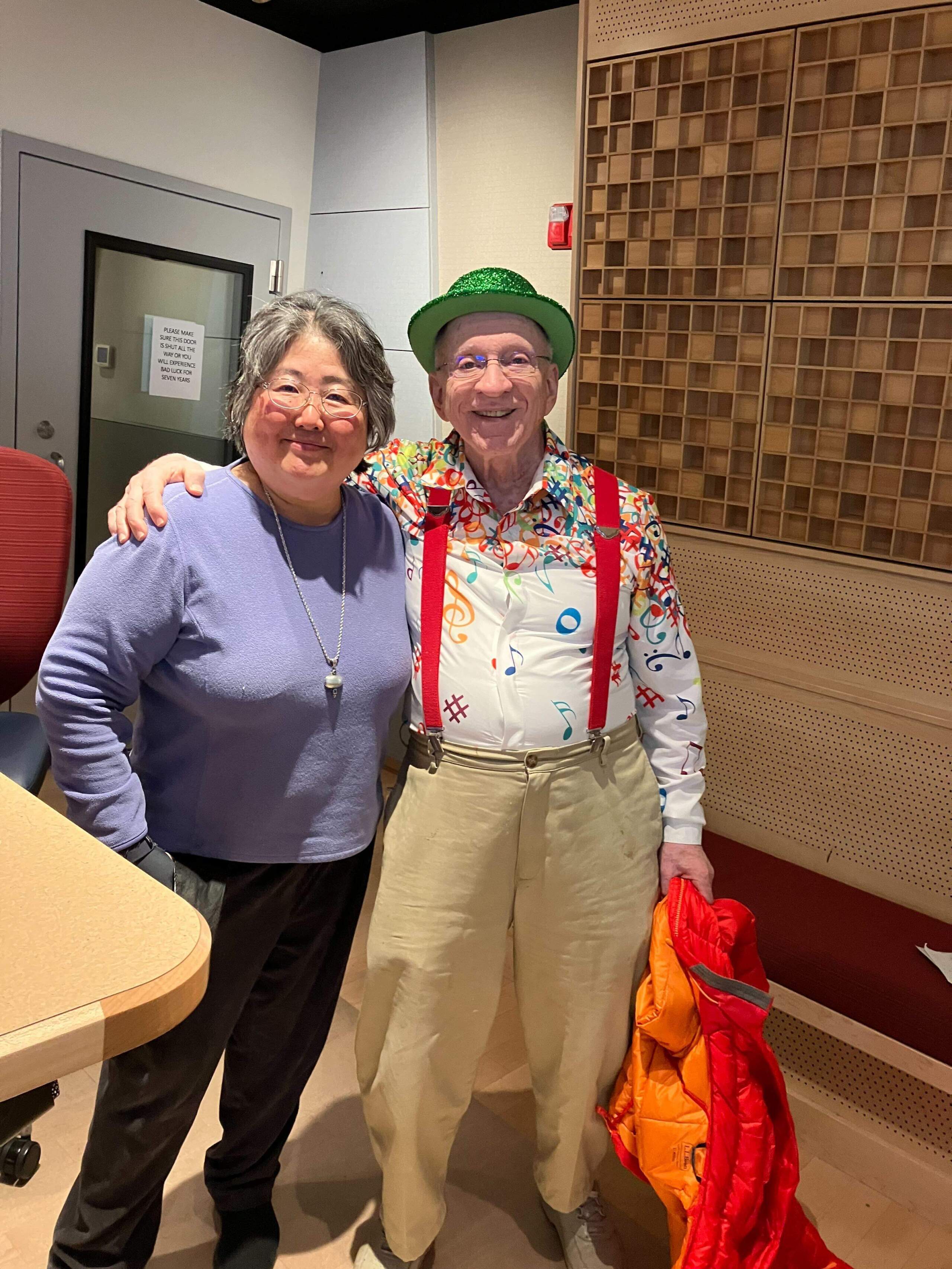 Here & Now producer Emiko Tamagawa (left) with Ron Cohen (right). (Karyn Miller-Medzon/Here & Now)