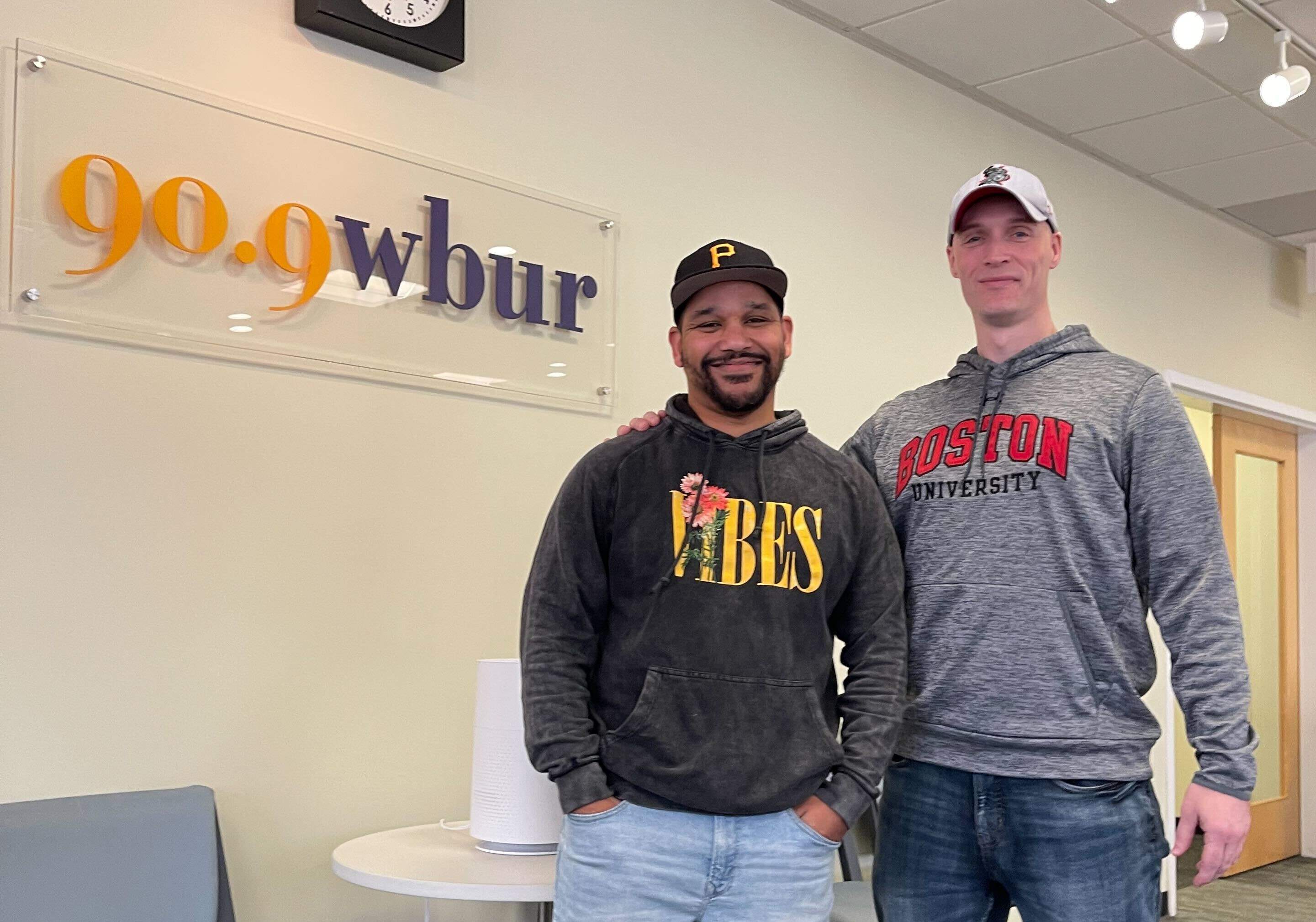 George Vicente (left) and Daniel Throop at WBUR's studios. (Yasmin Amer/WBUR)