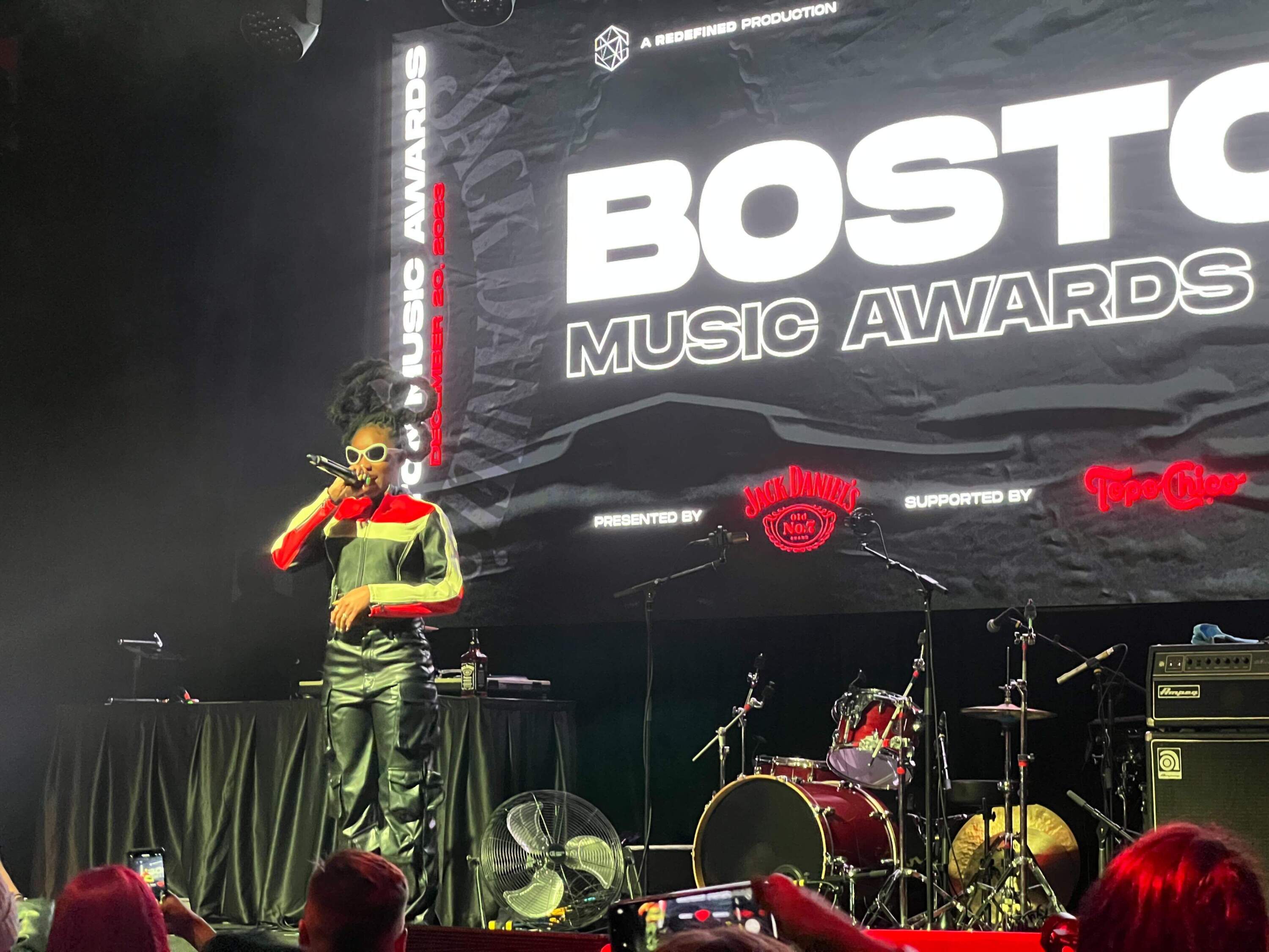 Mattapan's Nay $peaks onstage at the 2023 Boston Music Awards. (Solon Kelleher/WBUR)