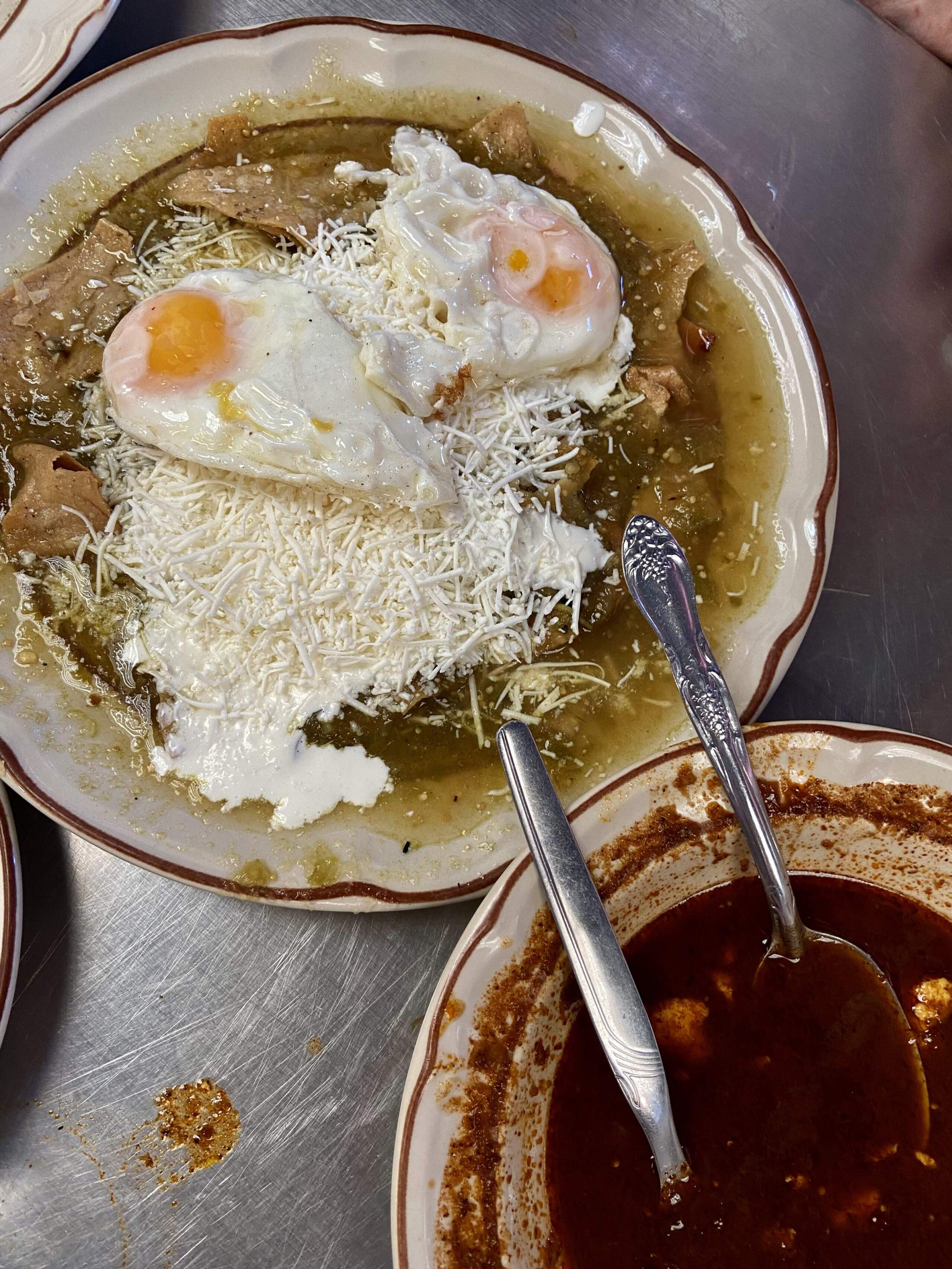 Chilaquiles verdes at Fonda Margarita, Mexico City. (Kathy Gunst/Here &amp; Now)