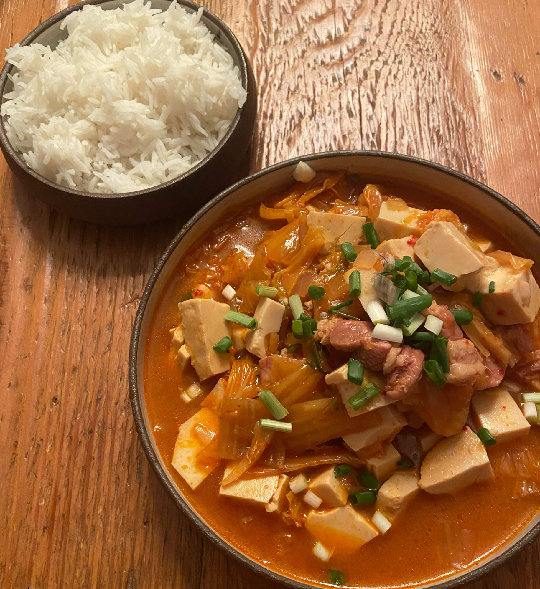 Kimchi, tofu and pork belly stew. (Kathy Gunst/Here &amp; Now)