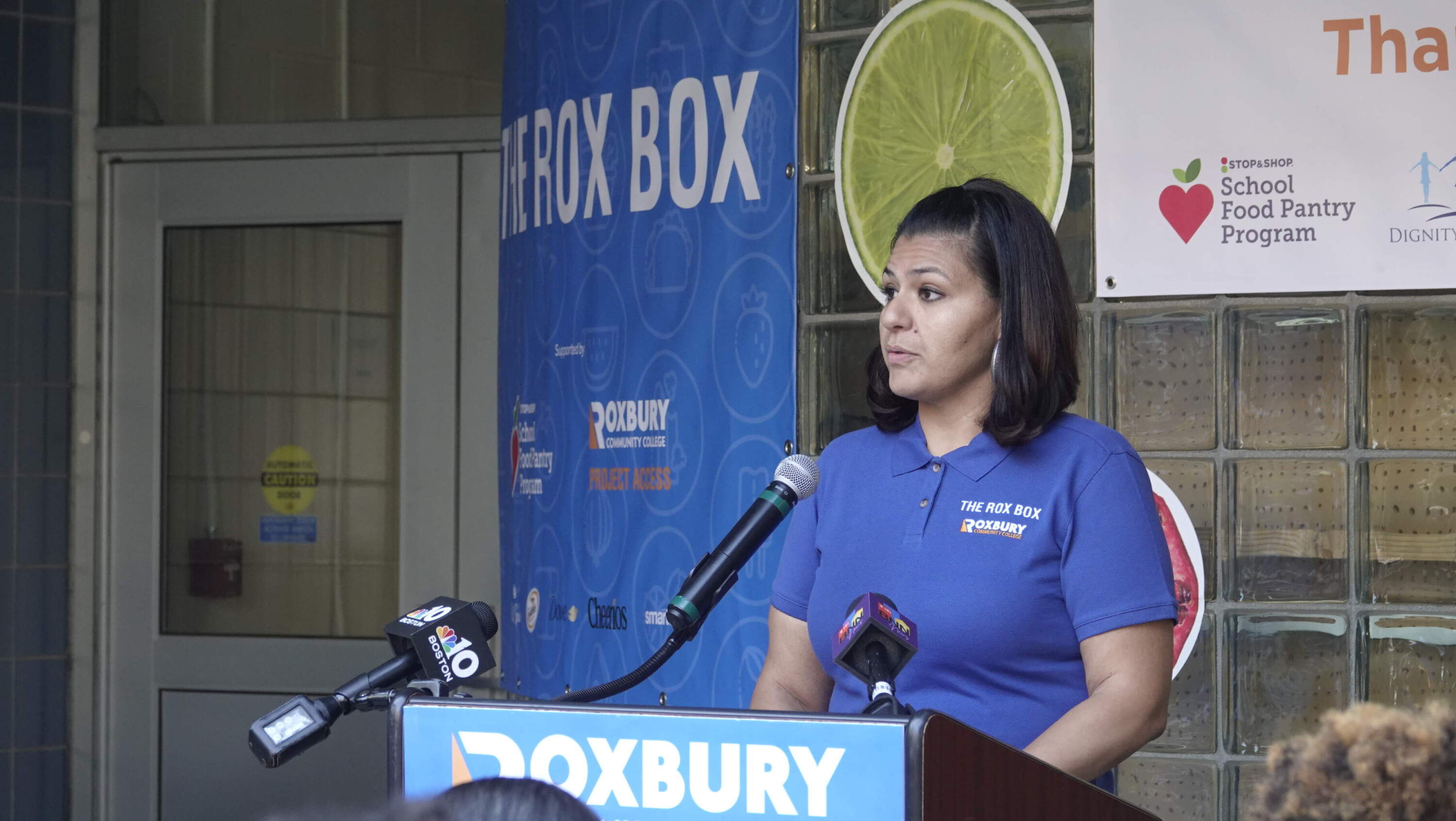 Roxbury Community College student, Kiara Rosario, speaking at the ribbon cutting ceremony for the Rox Box. 