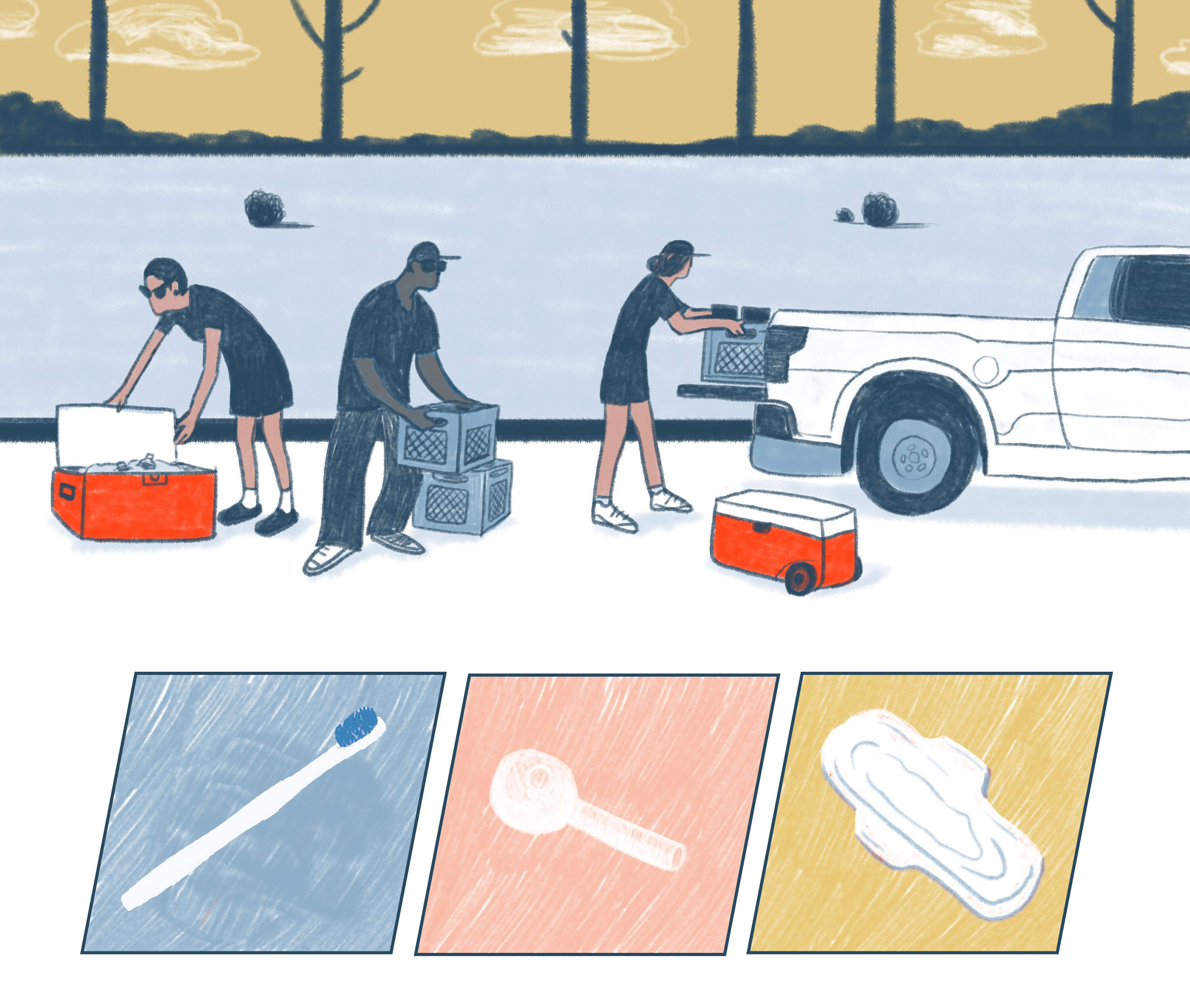 Volunteers help Renae distribute harm reduction supplies and other personal care items to people in her community. (LA Johnson/NPR)