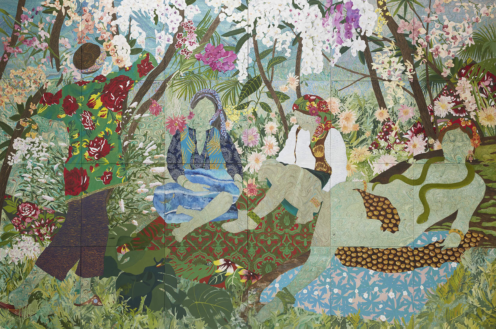A recreation of Delacroix's Women of Algiers painting created by Dinora Justice where the women are replaced with silhouettes in front of a green lush landscape.