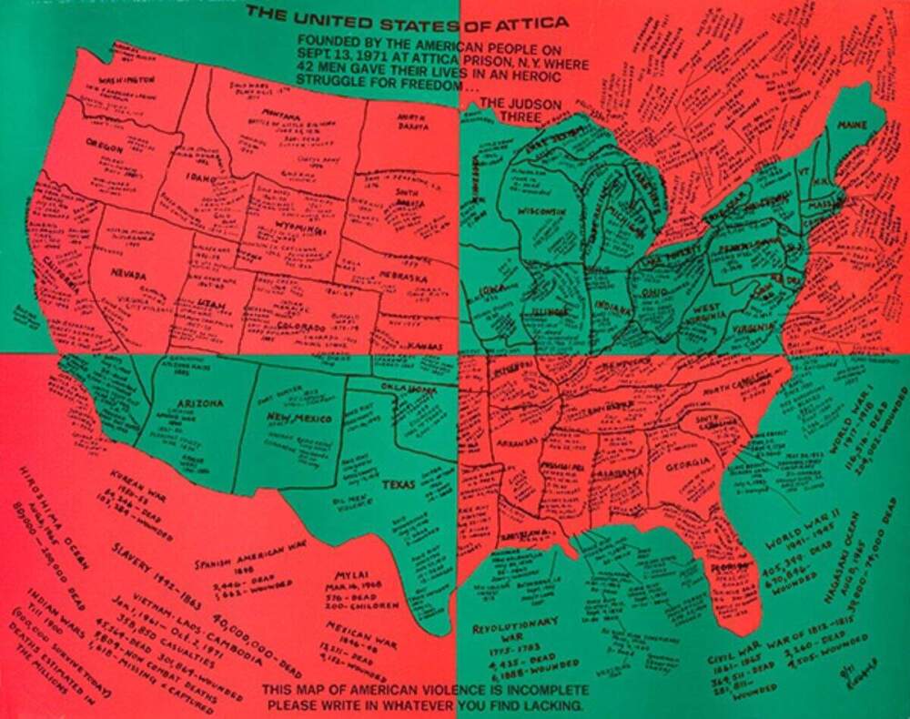 Faith Ringgold, "United States of Attica," 1972, offset print. (Courtesy ACA Galleries, New York)