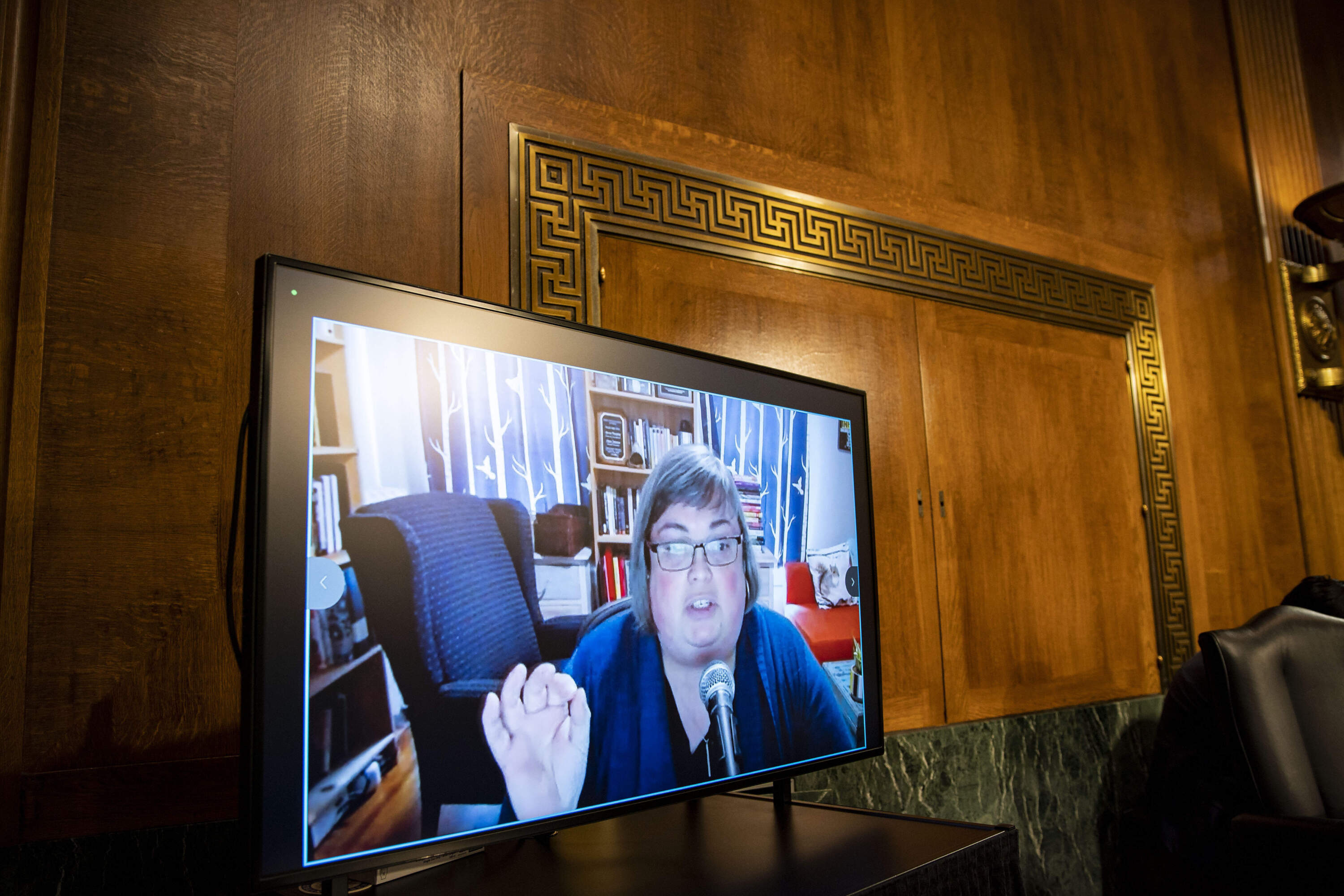 Joan Donovan, then-research director of the Shorenstein Center on Media, Politics and Public Policy, at the Harvard Kennedy School speaks remotely during a hearing on Capitol Hill. (Al Drago via AP)