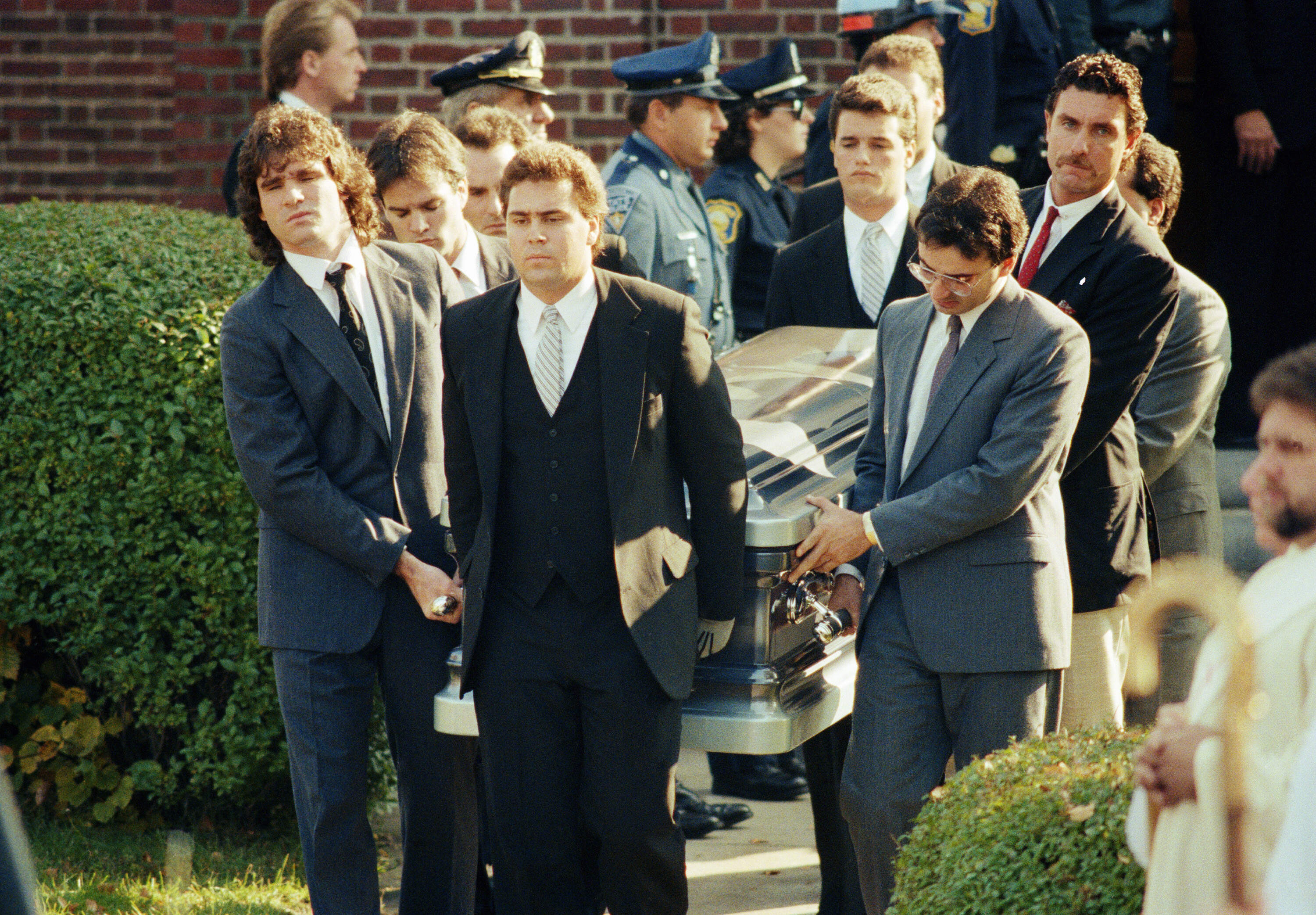 Pallbearers exit St. James Church in Medford, Mass., Saturday morning October 28, 1989 after the funeral of Carol Stuart. (Steven Sene/AP)