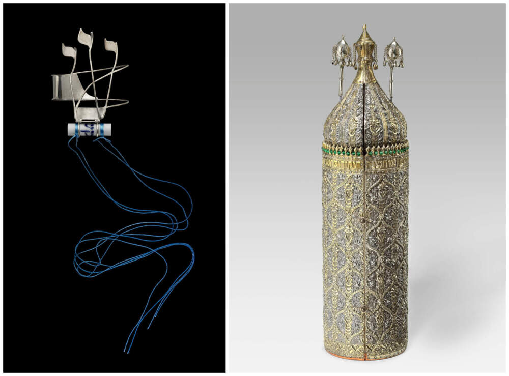On the left, an arm bracelet (2018) by Israeli artist Tamar Paley is one of several ritual objects that showcase the gender diversity in the collection. On the right, an Iraqi Torah case from 1879 is engraved with an inscription to the patron's son, who died at a young age. (Courtesy Museum of Fine Arts, Boston)