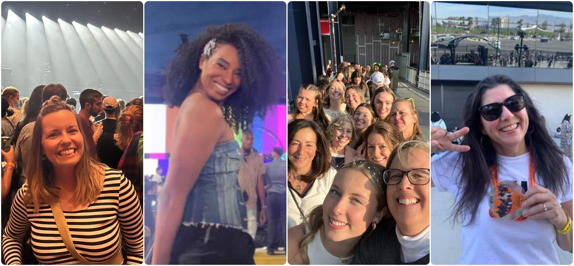 Images from some of Cog's 2023 essays about music: Sara Schreur at the Death Cab for Cutie/Postal Service 20th Anniversary concert in Boston (Courtesy Sara Schreur); Juanita Tolliver at Beyonce's Renaissance World Tour concert in Baltimore, Maryland (Courtesy Juanita Tolliver); Joanna Weiss, third row center, at Taylor Swift's Eras Tour at Gillette Stadium (Courtesy Joanna Weiss); and Tracey Palmer at Allegiant Stadium, Las Vegas, for the BTS Permission to Dance concert (Courtesy Tracey Palmer).