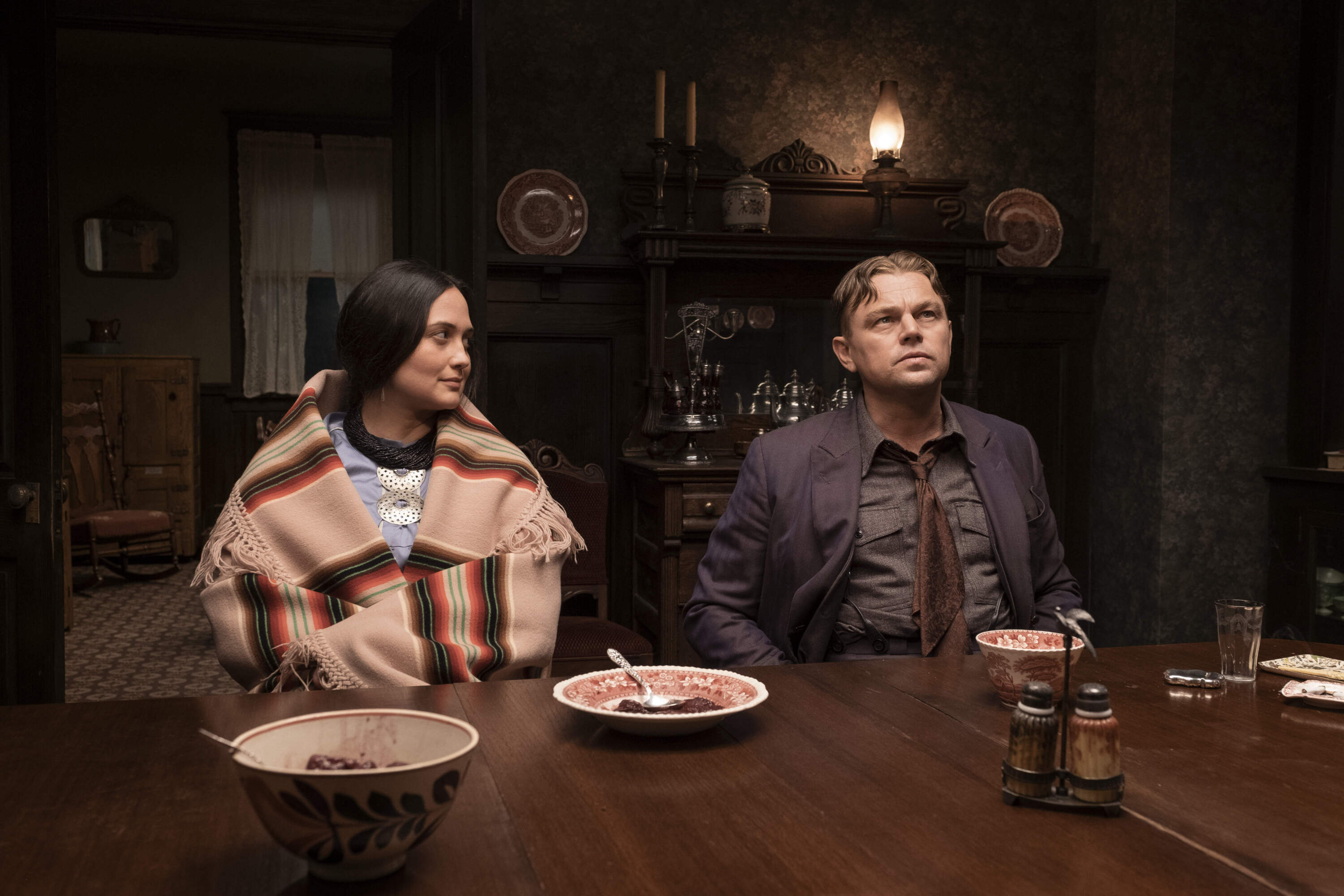 Lily Gladstone and Leonardo DiCaprio in "Killers of the Flower Moon." (Courtesy Melinda Sue Gordon/Apple TV+)