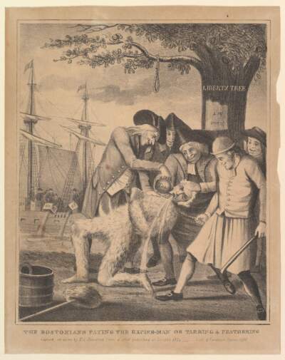A 1774 lithograph published in London combined the Boston Tea Party with an unrelated assault on a loyalist to depict a sense of lawlessness in Boston. (Image courtesy The Met Museum)