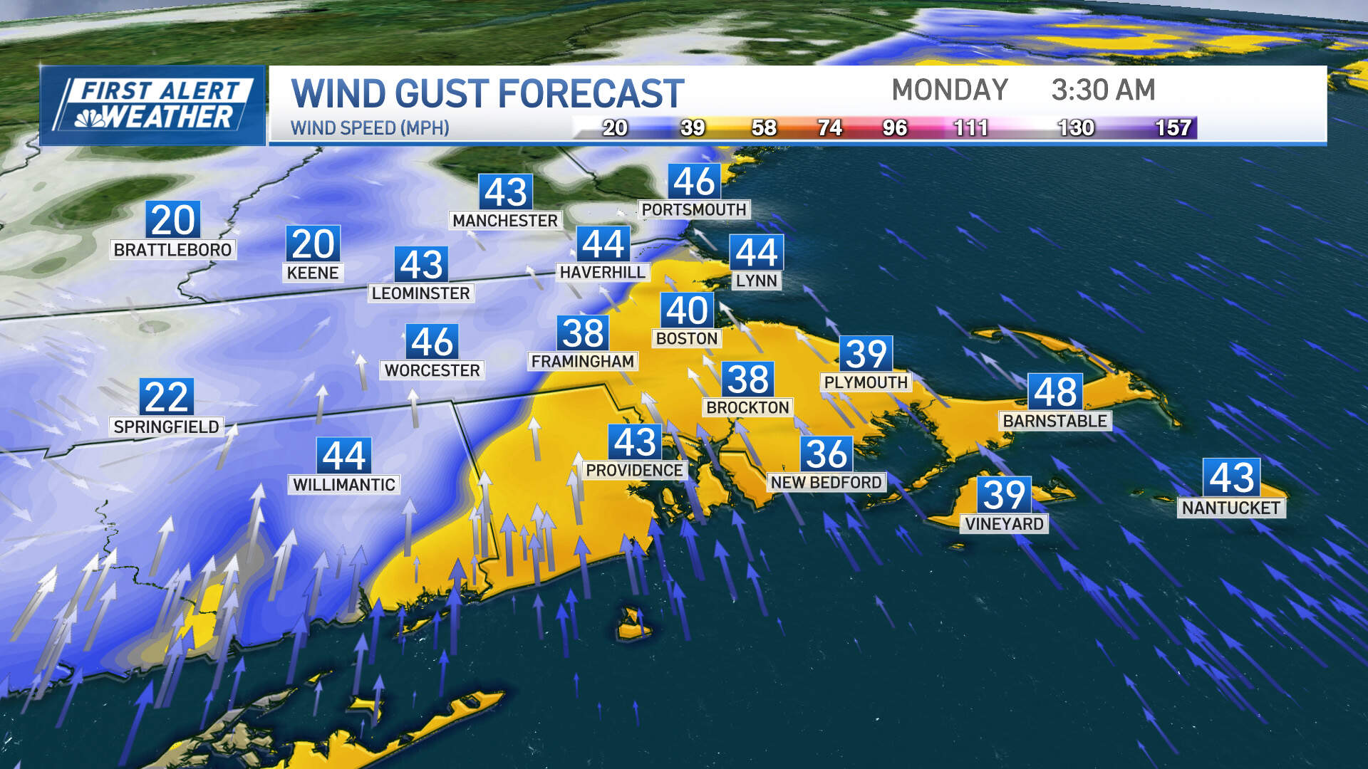 The storm, starting Sunday night, is expected to bring high wind gusts that could cause outages across the state. (Courtesy of NBC 10 Boston First Alert Weather Team)
