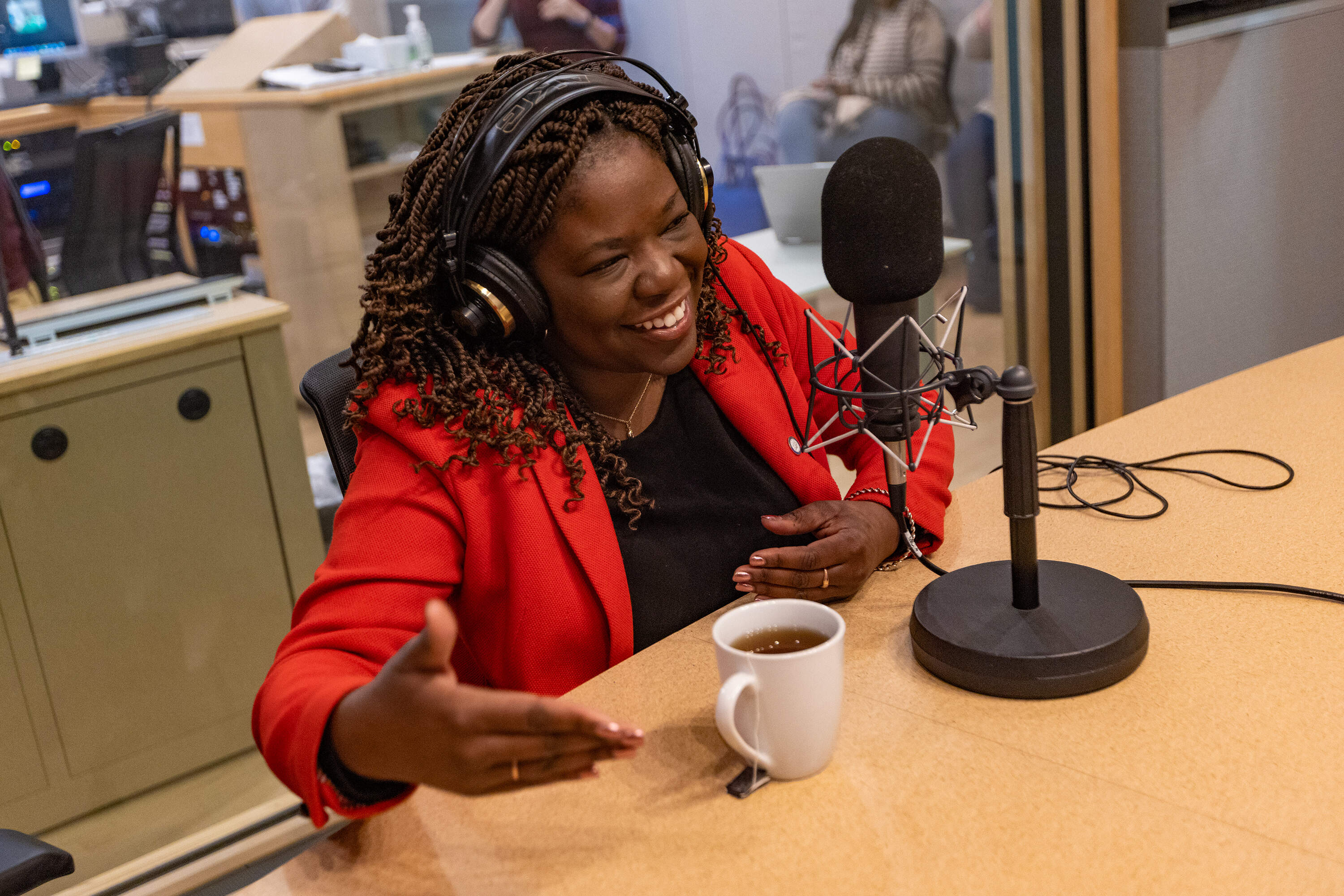 Ruthzee Louijeune, Boston's new city council president, speaking with Tiziana Dearing during the broadcast of Radio Boston. (Jesse Costa/WBUR)