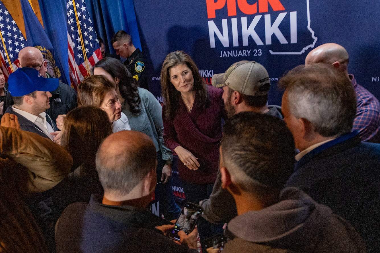 Haley greets supporters during a campaign stop at the Alpine Grove Event Center in Hollis, N.H. (Jesse Costa/WBUR)