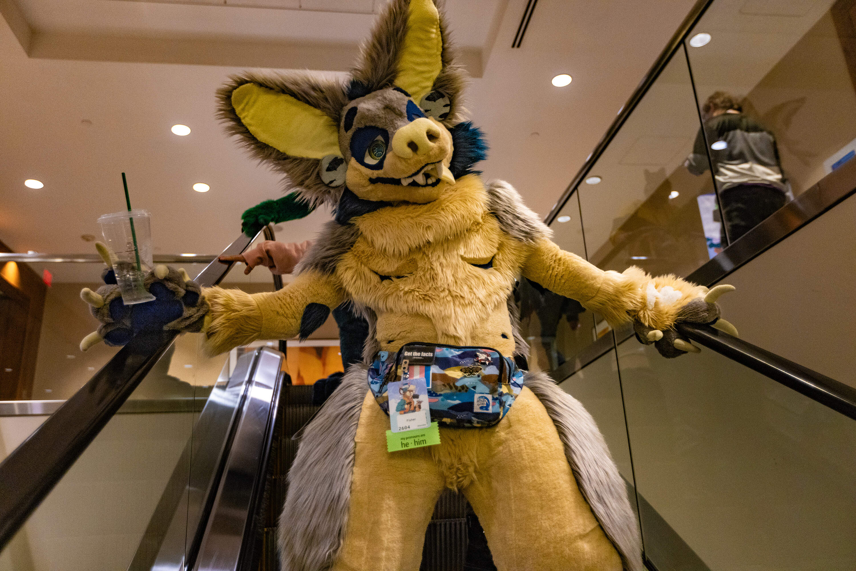 Fisher the dog (Carter Andrews) is from Merrimack, NH. He has attended three Anthro New England conventions. "When I put the costume on my anxiety just goes away and I can be myself. I do not bark, some people think that. I get barked at a lot though. It's super fun. I think if more people tried it they'd like it." (Jesse Costa/WBUR)