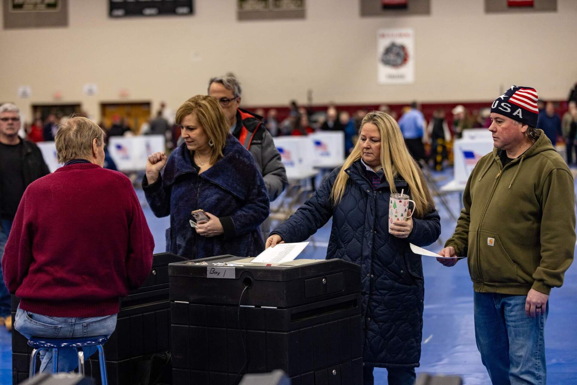 Voters at Bedford High School cast their ballots in the New Hampshire Primary. (Jesse Costa/WBUR)
