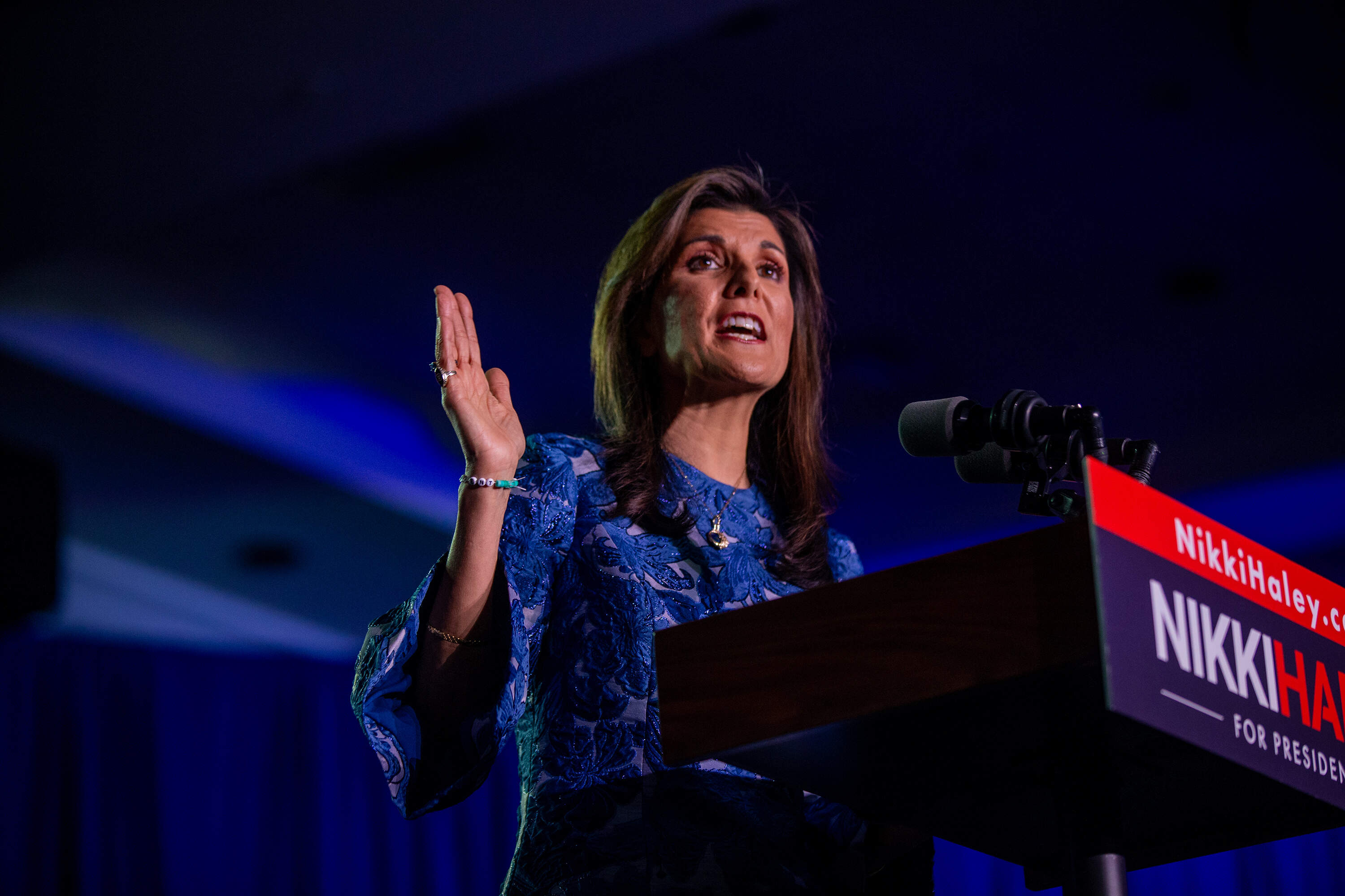 Nikki Haley speaks to her supporters at Grappone Conference Center in Concord after her loss to Donald Trump in the New Hampshire primary. (Jesse Costa/WBUR)