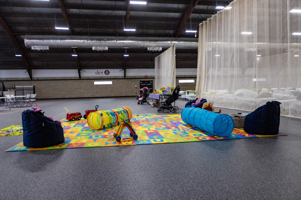 The play area set up in the Melnea Cass recreational center for the children of migrants who will be sheltering there. (Jesse Costa/WBUR)