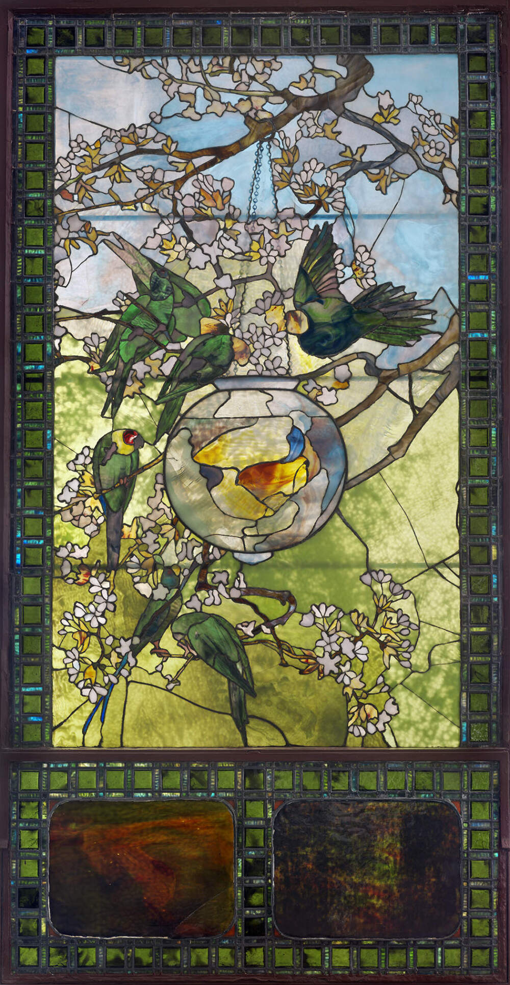&quot;Parakeets&quot; (1889), designed by Louis Comfort Tiffany. Made by Tiffany Glass and Decorating Company. (Courtesy Museum of Fine Arts, Boston)