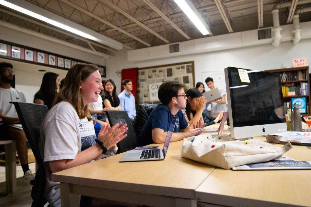 Cam Kettles, left, and Miles Herszenhorn inside the Crimson newspaper's offices. (Courtesy The Harvard Crimson)