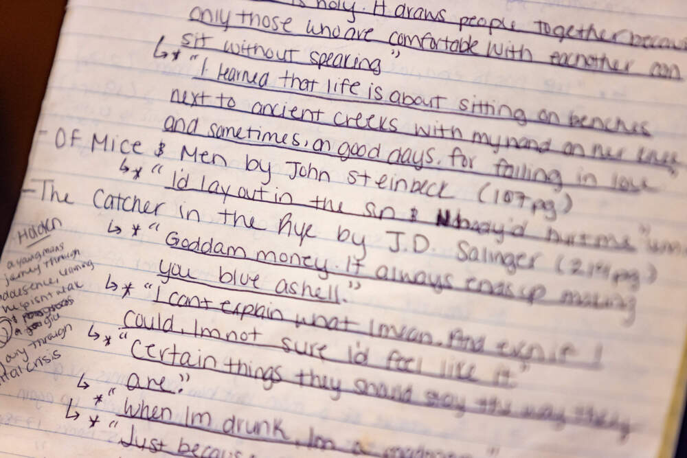 Inmate Tianna Hutchinson's list of books she has read while incarcerated. (Jesse Costa/WBUR)