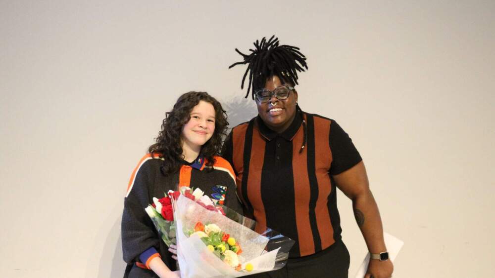 Parker-Vincent Alva (left), Boston's new youth poet laureate with the city's current poet laureate, Porsha Olayiwola. (Courtesy the Mayor's Office of Arts and Culture, City of Boston)