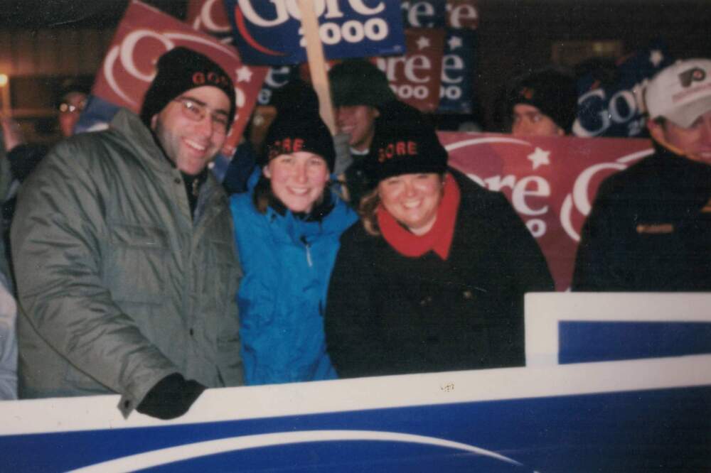 The author, center in the blue jacket, with colleagues at a rally for Vice President Al Gore during the New Hampshire primary season in 2000. (Courtesy Laura Tamman)