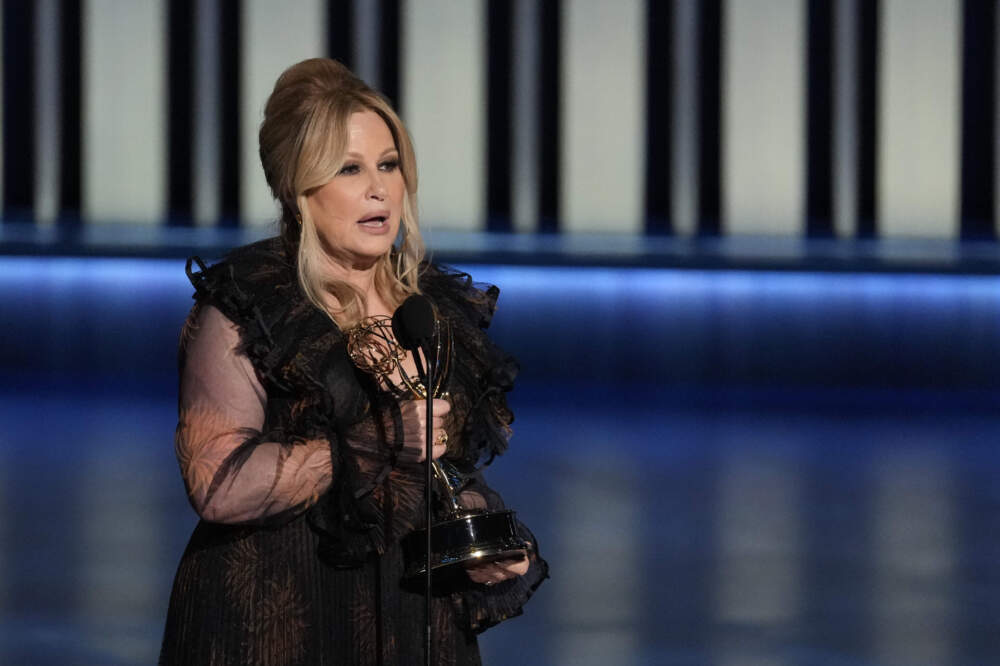 Jennifer Coolidge accepts the award for outstanding supporting actress in a drama series for "The White Lotus." (Chris Pizzello/AP)