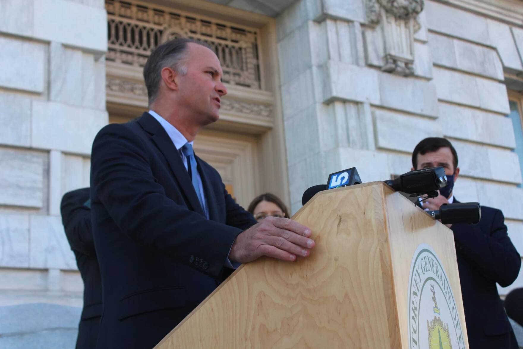 Then Attorney General TJ Donovan announces the lawsuit against four major oil companies at a press conference in Burlington in January 2021. (Abagael Giles/Vermont Public)