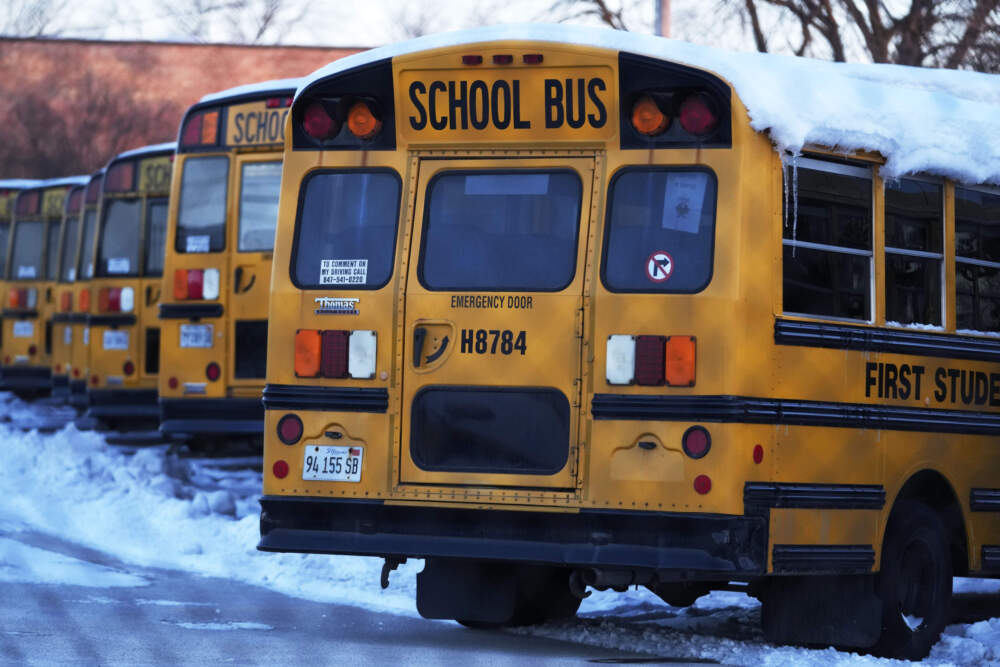 Snow covered school busses sit in a parking lot. (Nam Y. Huh/AP)